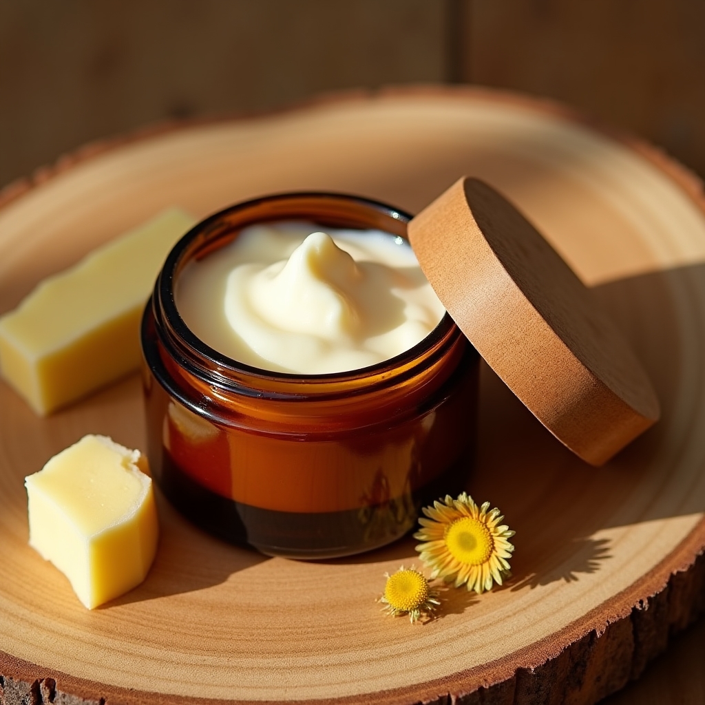 Tiegel mit natürlicher Körperbutter auf einem Holzuntergrund mit Sheabutterstücken